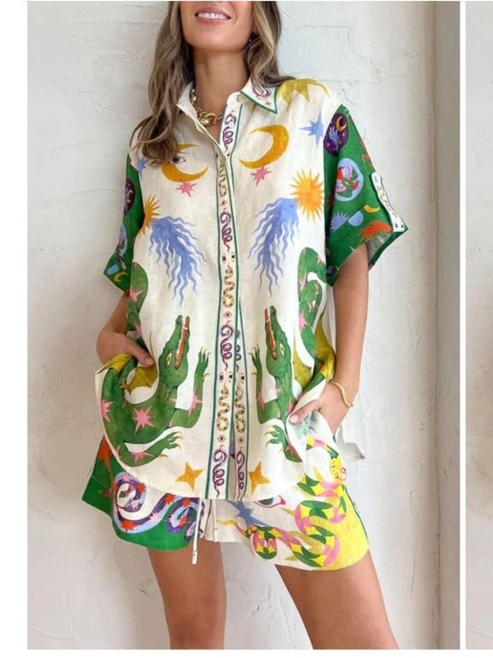 Women’s Green & White Printed Short Sleeve Shirt